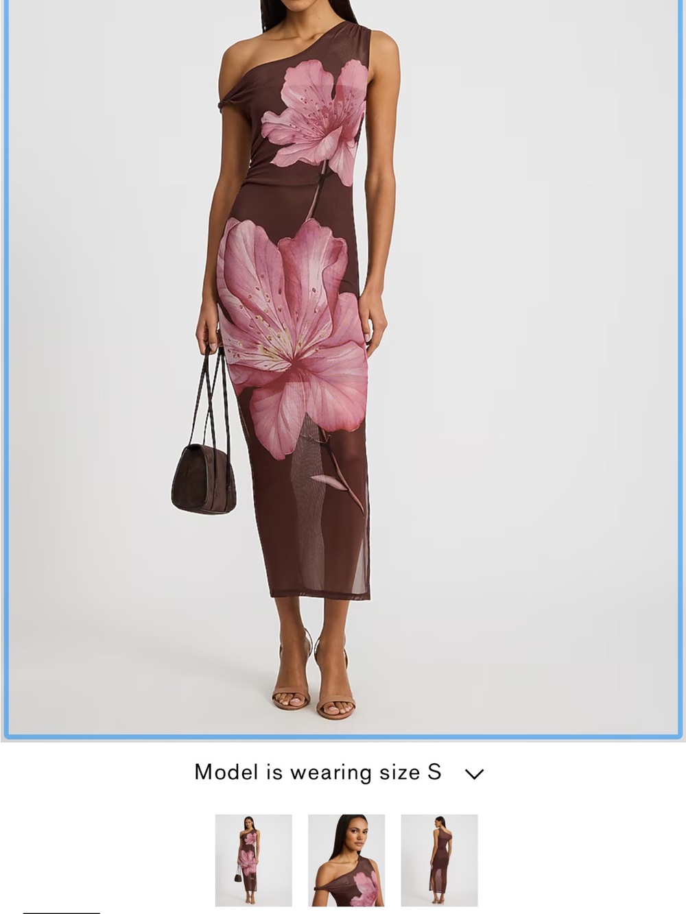 Express Brown One-Shoulder Midi Dress with Pink Floral Print